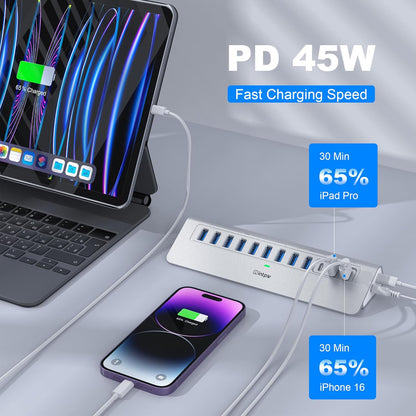 Powered USB Hub, Intpw 9-Port USB 3.2/USB C Hub with 10Gbps, 5*USB 3.0 + 45W PD Charging Ports, 3.3FT Cable and 65W Power Adapter, Aluminum USB Extender Hub for iphone16/ipad/Macbook/Laptop,PC
