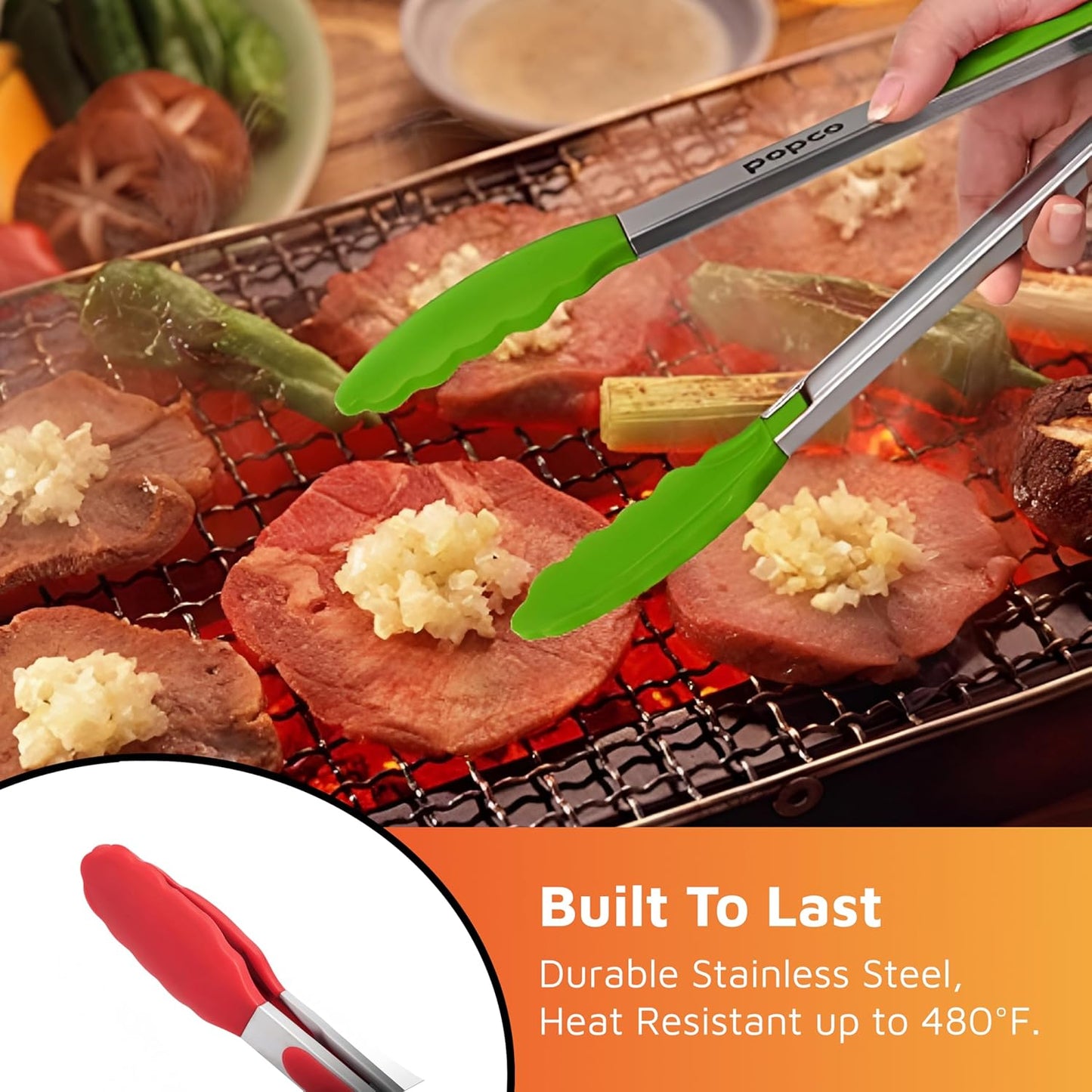 The Original Popco Tongs for Cooking - Set of 3 (7, 9, 12 inches) - Heavy Duty, 304 Stainless Steel BBQ and Kitchen Tongs with Silicone Tips (3 Colors Available)