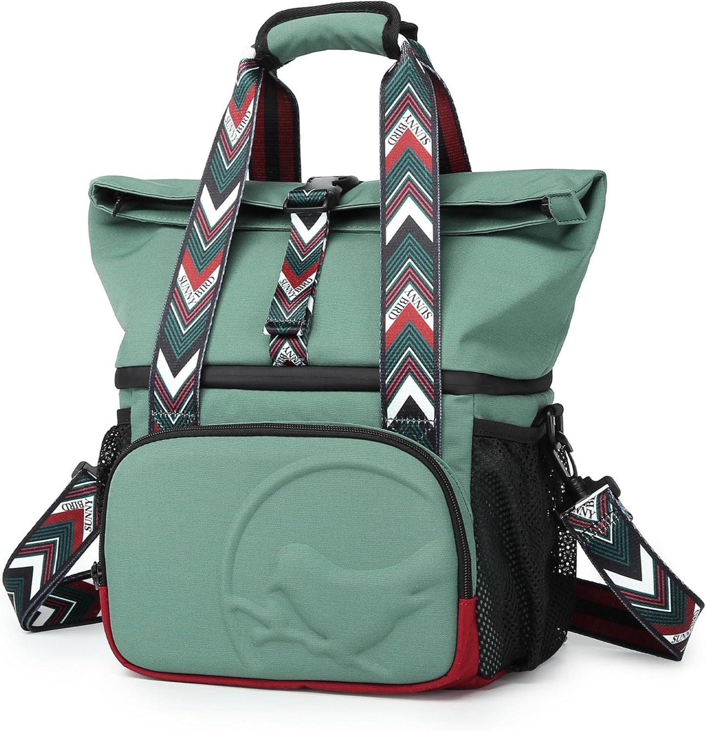 SUNNY BIRD Dual Compartment Lunch Bag Insulated Lunch Box for Women and Men (Green with Boho Strap)