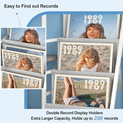 Record Player Stand with Vinyl Storage, Record Player Table with Record Storage 200 Albums, Turntable Stand with Record Holder Vinyl Display Shelf, Record Cabinet Media Stereo (White) - PuriLite