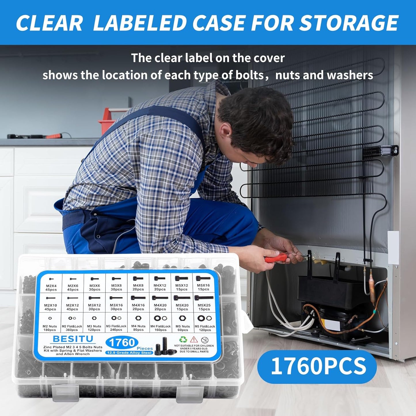 1705 Pcs Machine Screw Assortment Kit, M2 M3 M4 M5 Metric Bolts and Nuts Kit with Lock and Flat Washers, Hex Button Head 10.9 Alloy Steel Cap Screw Set with Allen Wrench