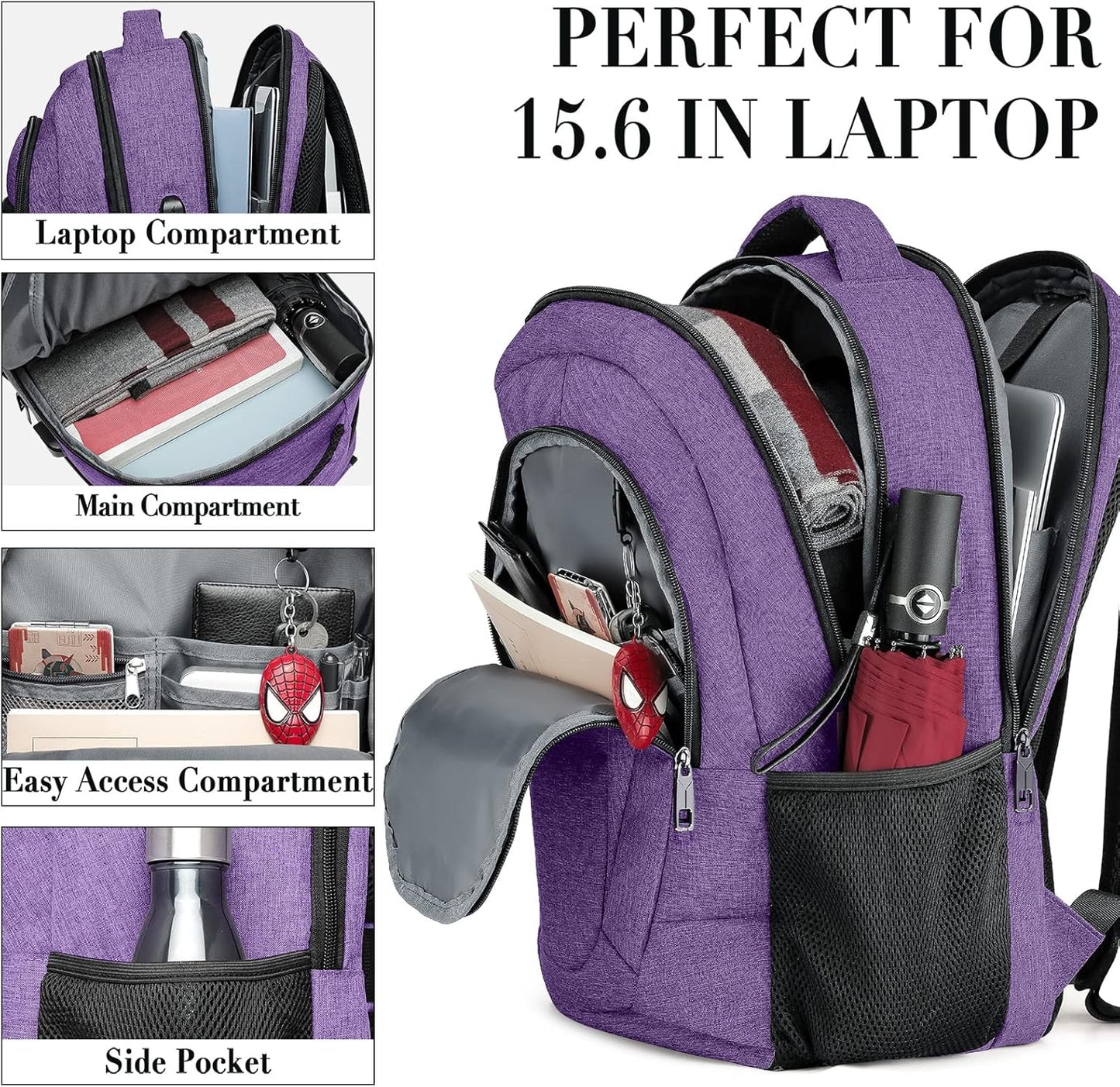Backpack for Men and Women, School Backpacks for Teen Boys and Girls, Black Water Resistant Back Pack, Business Men Sturdy Computer Bag with USB Charging Port, Gifts