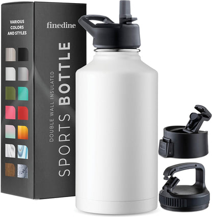 FineDine Water Bottle - Stainless Steel Insulated Water Bottle with Straw Lid, Flip Lid & Wide-Mouth Cap - Keeps Hot and Cold - 25 Oz / 739ml - Pure Pearly White