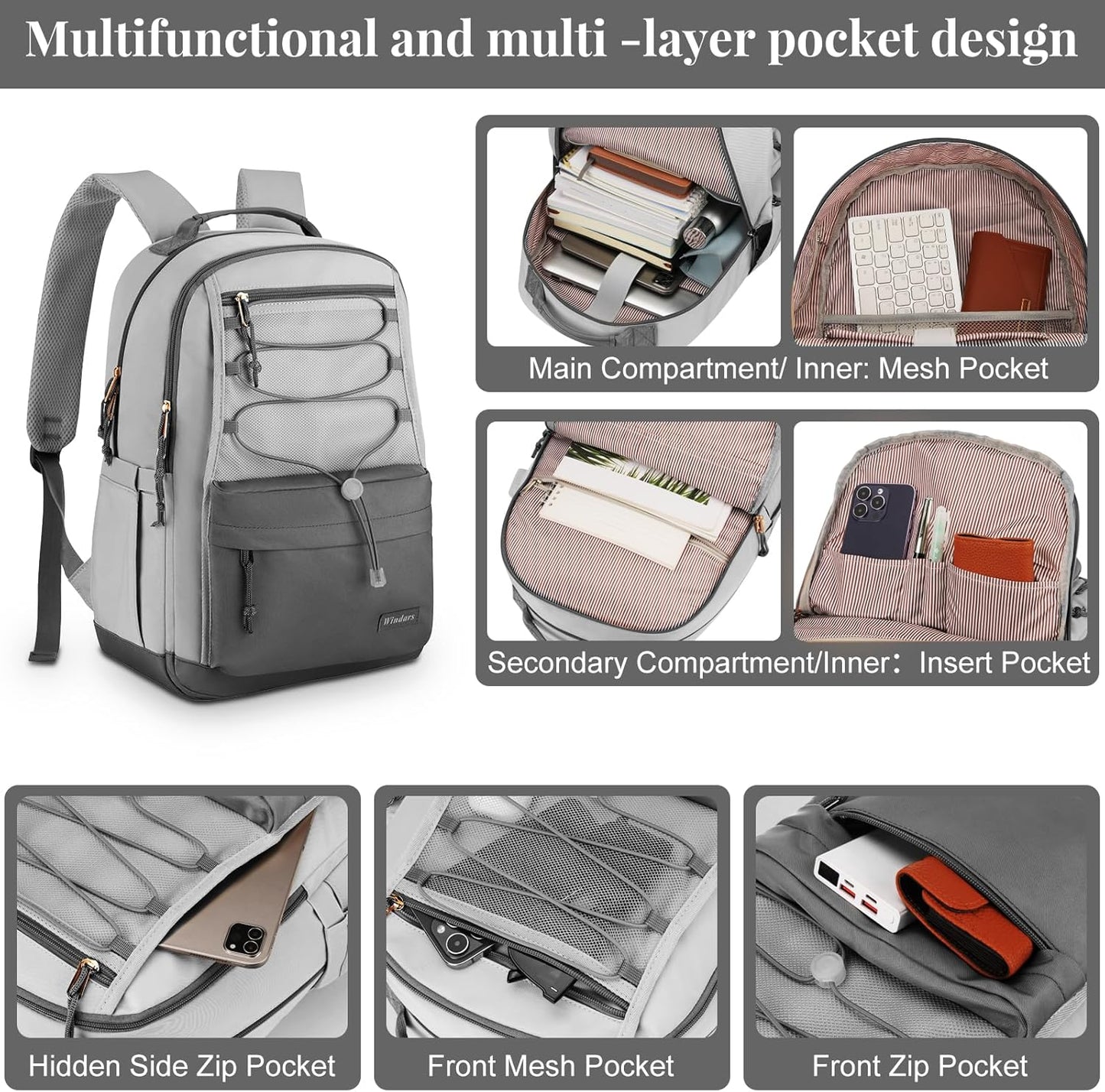 WINDARS School Backpack for Teens Girls, Aesthetic College Backpack Large Bookbag for Women Students Fashion 15.6 Inch Laptop Bag for Work Travel (Khaki Beige)