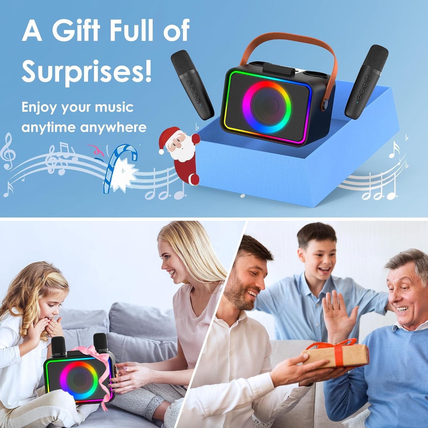 Portable Bluetooth Karaoke Player with 2 Wireless Microphones Karaoke Machine for Adults & Kids Toys with LED, Home Karaoke Stystem Packages Supports USB/TF/AUX,Gift for Party (Black)