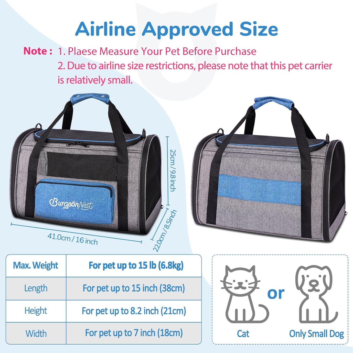 BurgeonNest Cat Carriers for Medium Cats Under 25 lbs, Pet Carrier for Cats with Unique Side Bag,Top Load Small Pet Carrier Soft-Sided Escape Proof with 4 Ventilated Windows