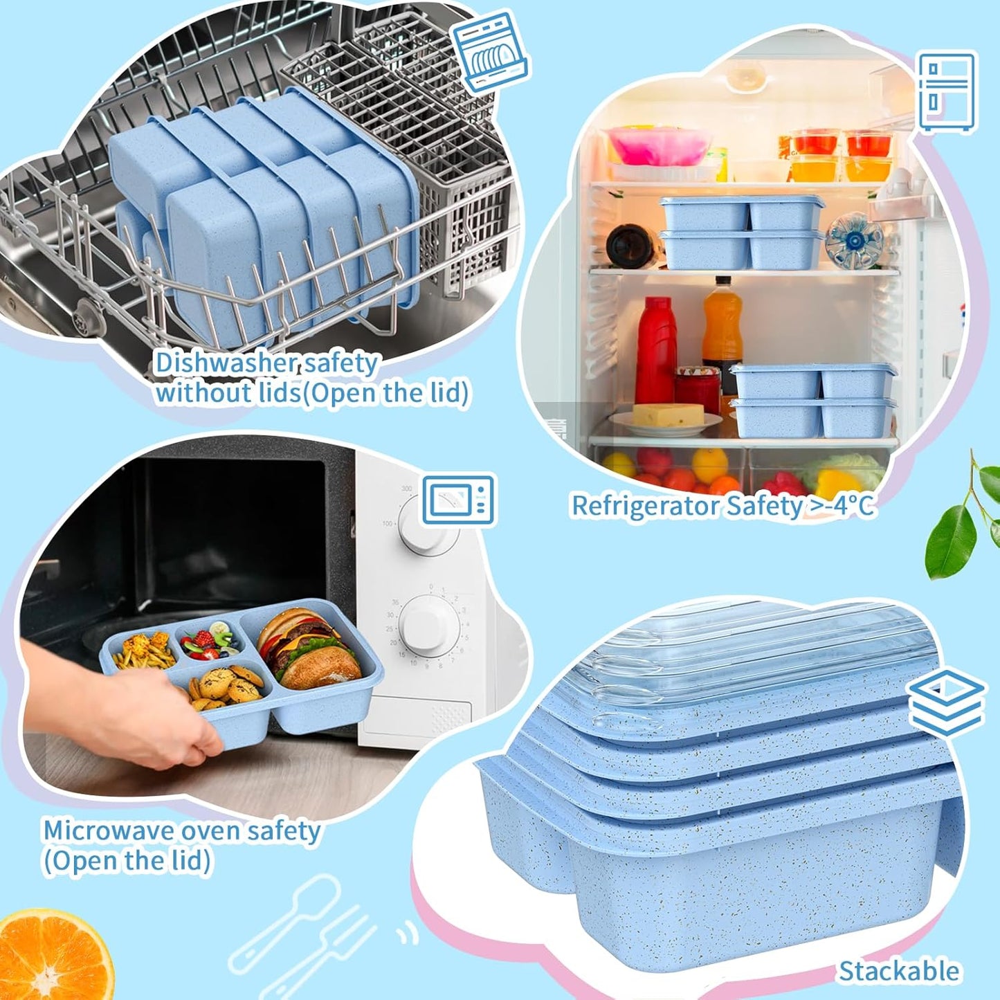 Large Capacity Bento Box for Adults, 4-Piece Set – Stackable Lunch Box with 4 Compartments, Microwave & Dishwasher Safe, Reusable Meal Prep Containers, Snack Containers for Kids & Adults (4 Colors)