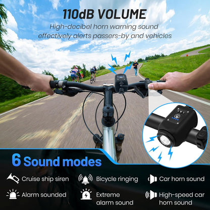 Bike Horn with Light, 110 dB Bicycle Electric Horn Front Headlight, 6 Sounds and 4 Light Modes, Adjustable Brightness Volume, USB Rechargeable, Battery Powered
