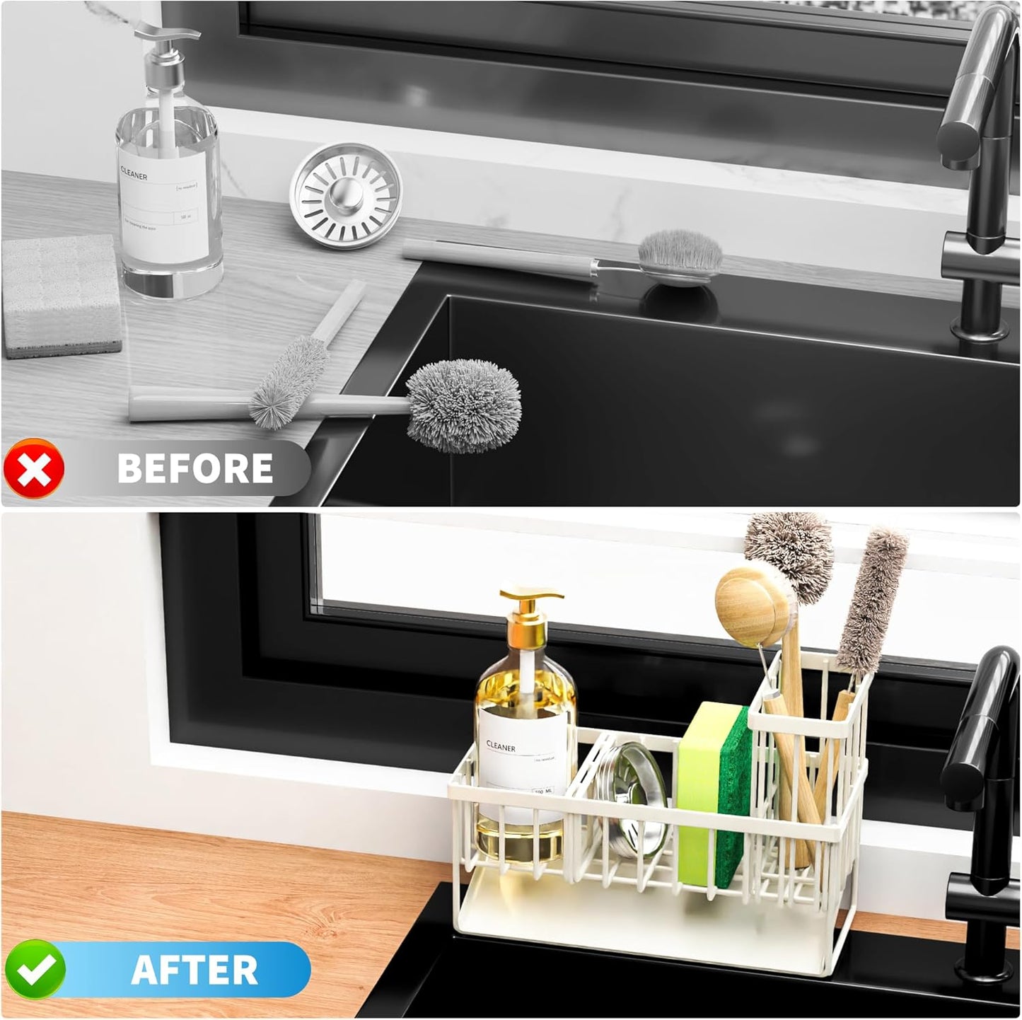 Cisily Kitchen Sink Caddy Organzier with High Brush Holder, Sponge Holder for Sink, 304 Rustproof Stainless, Kitchen Countertop Soap Dispenser Organizer, Kitchen Decor and Accessories (Black)