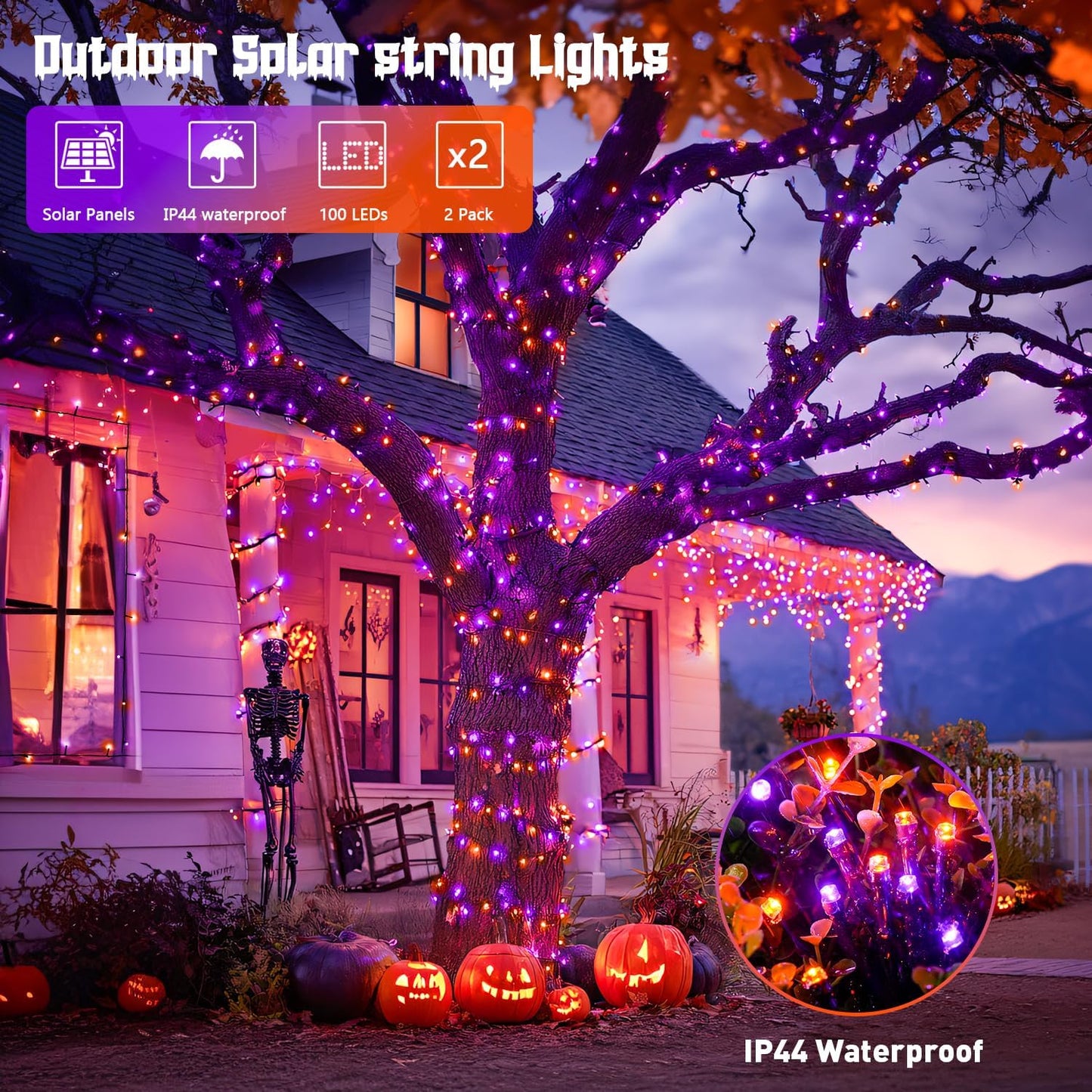 JMEXSUSS 2 Pack 75.5ft Orange Solar Christmas Lights, Total 400 LED Solar String Lights Outdoor Waterproof, 8 Modes Orange Halloween Lights for Tree Patio Garden Thanksgiving Halloween Decorations