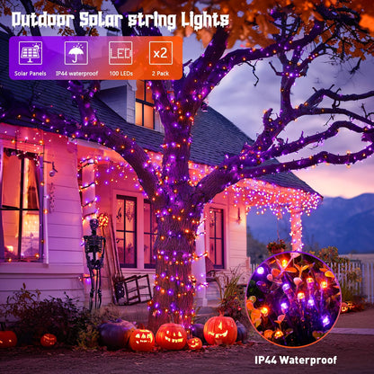 JMEXSUSS 2 Pack 75.5ft Orange Solar Christmas Lights, Total 400 LED Solar String Lights Outdoor Waterproof, 8 Modes Orange Halloween Lights for Tree Patio Garden Thanksgiving Halloween Decorations