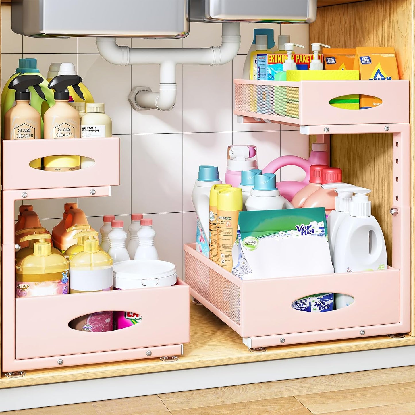 Under Sink Organizer, 2 Pack 2 Tier Pull Out Under Cabinet Organizer Shelf with Pad for Framed Cabinets, Metal Slide Out Under Sink Storage, Mesh Sliding Drawers for Kitchen Bathroom Laundry, Black