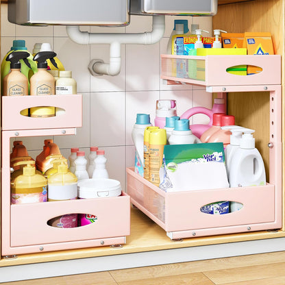 Under Sink Organizer, 2 Pack 2 Tier Pull Out Under Cabinet Organizer Shelf with Pad for Framed Cabinets, Metal Slide Out Under Sink Storage, Mesh Sliding Drawers for Kitchen Bathroom Laundry, Black