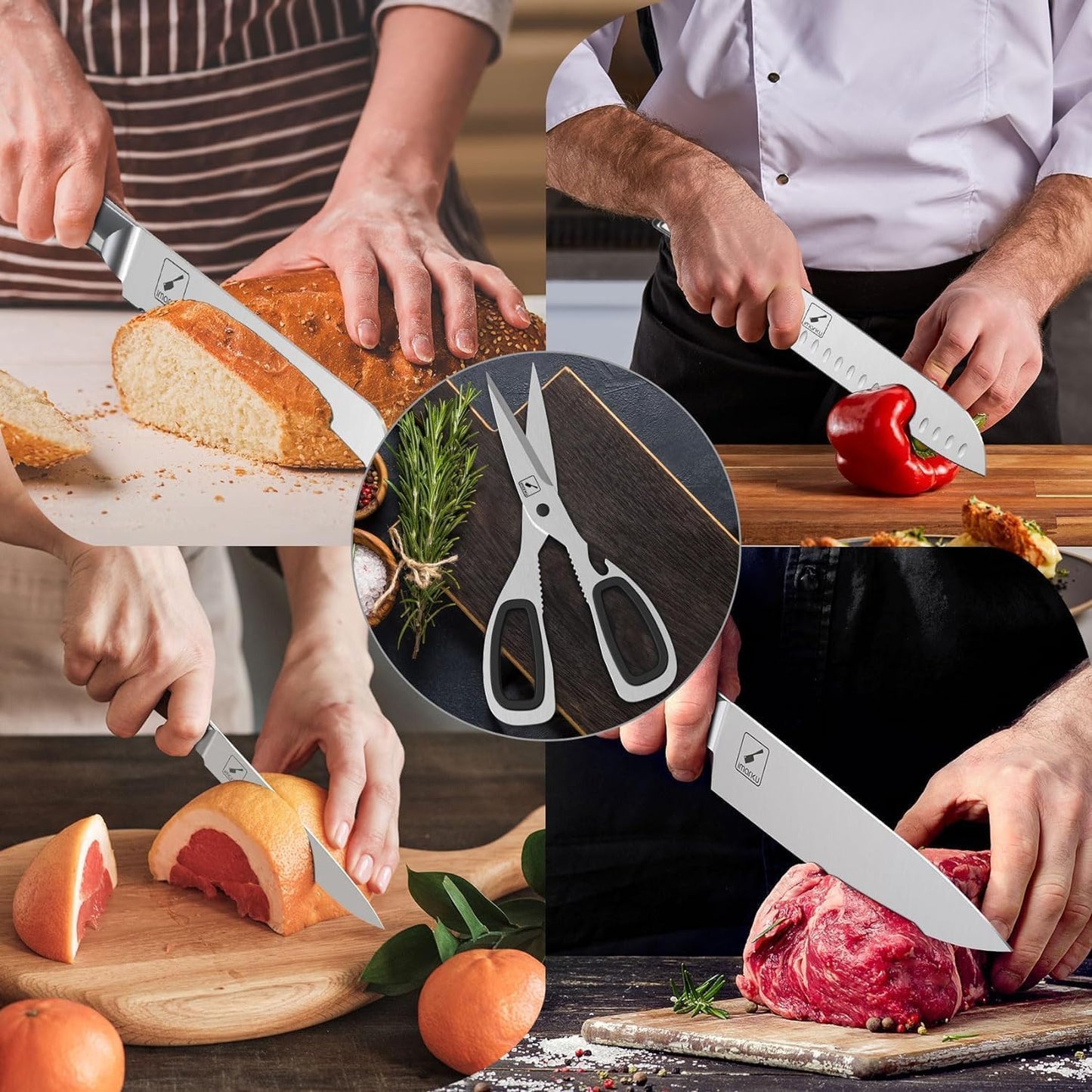 Knife Sets for Kitchen with Block imarku Japanese Knife Set Stainless Steel Kitchen with Block 14pcs, Built-in Sharpener, Sharp Knife Block Set with Non-Slip Ergonomic Handles - Dishwasher Safe
