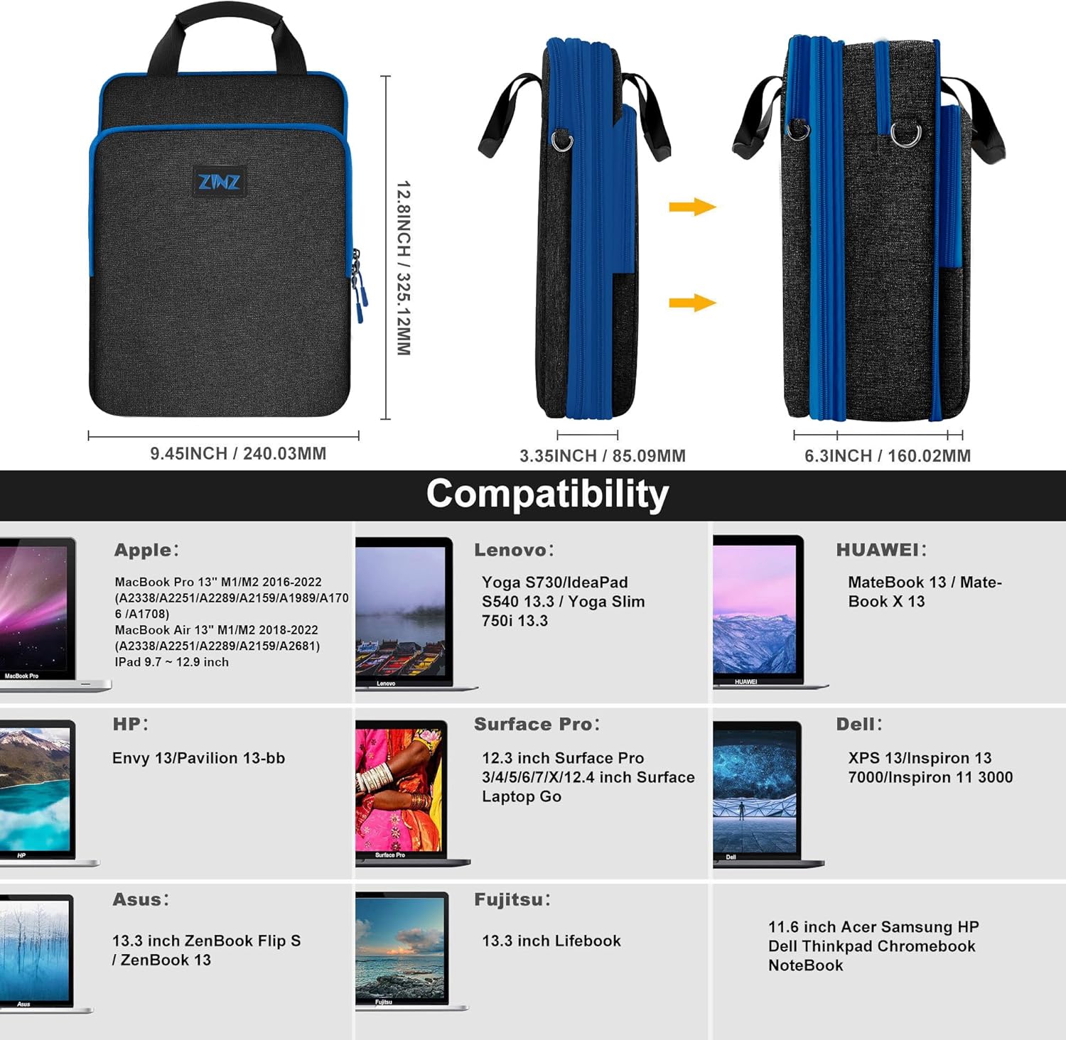 ZINZ Slim & Expandable Case 12.9 13 inch Travel Laptop Shoulder Bag for MacBook Air 13" M3/M2/M1, MacBook Pro 13" M2/M1, iPad Pro 12.9"/13"/11", iPad Air 13",L01G03 - PuriLite