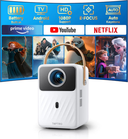 【Built-in Battery & Andriod TV】 Mini Projector with 5G WiFi and Bluetooth, Portable Projecteur 1080P, TOPTRO Outdoor Movie Projector Auto Keystone, Smart Projector for Phone/TV Stick/HDMI/PS5
