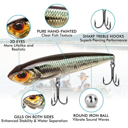 TRUSCEND PoPobait with BKK Hooks, Top Water Plopper Fishing Lures for Bass Walleye Pike Catfish Musky Perch, Floating Lure for Freshwater or Saltwater, Amazing Teasers Fishing Gifts for Family Fishing