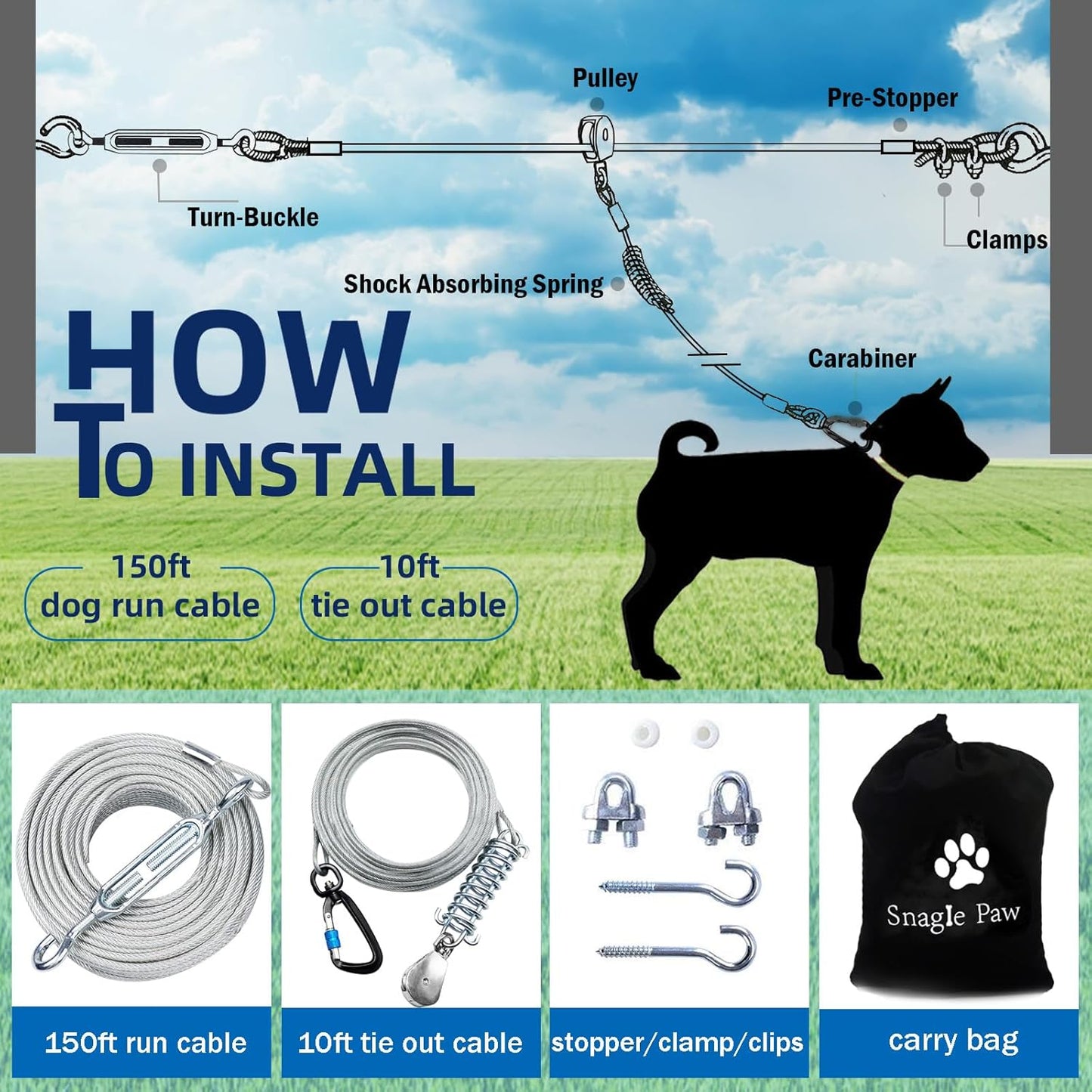 Snagle Paw Dog Tie Out Runner for Yard,Trolley System for Large Dogs,Heavy Duty Dog Run Cable with 10ft Pulley Runner Line for Dogs Up to 125lbs,Yard or Camping,75ft