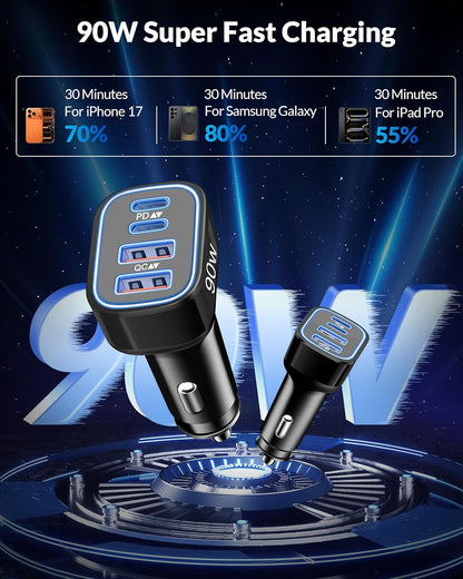 USB C Car Charger, 4-Port 90W Super Fast Car Phone Charger Accessories Dual 45W USB-C & USB-A Cargador Carro Adapter Cigarette Lighter for iPhone 17 16 15 14 13 12 11, Galaxy S25 S24, Tablet, Android