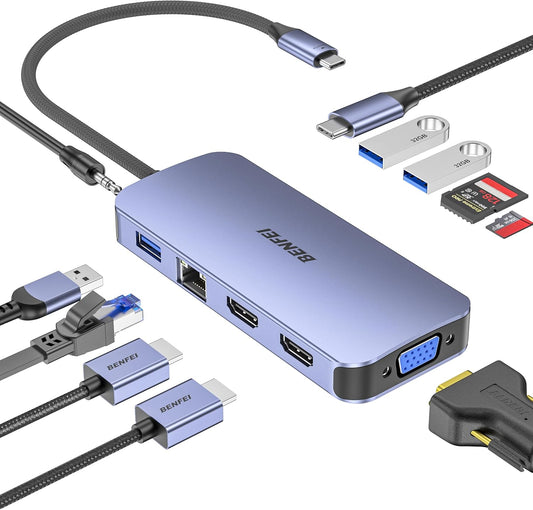 BENFEI 11-in-1 USB C Hub Triple Display Docking Station – Dual HDMI, VGA, 3 USB 3.0, Ethernet, SD/TF Card Reader, 100W Power Delivery, 3.5mm Audio for MacBook, XPS, Surface - PuriLite
