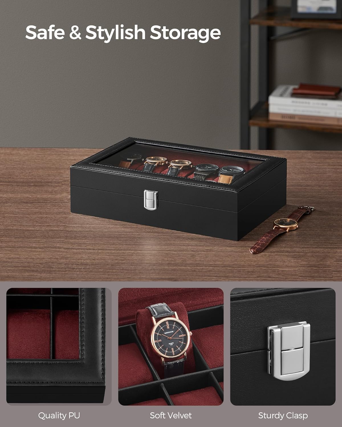 SONGMICS Watch Box, 6-Slot Watch Case, Watch Box Organizer, Black Synthetic Leather, Greenish Gray Lining UJWB06BK