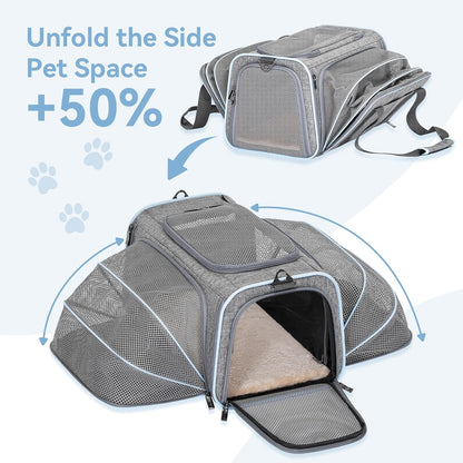 Petsfit Expandable Cat Dog Carrier Airline Approved, 17" L x 11" W x 11" H Soft-Sided Portable Pet Travel Carrier for Kitten, Puppy, Removable Soft Plush Mat and Pockets, Auto-Locking Zippers