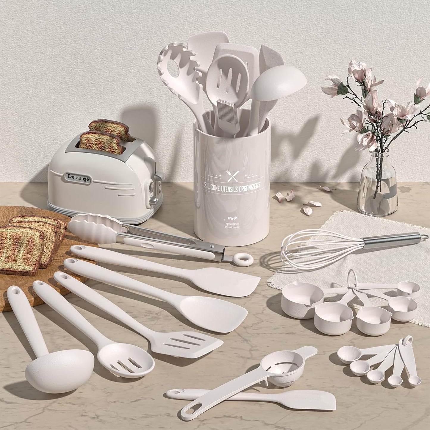 Silicone Kitchen Cooking Utensils Set, Umite Chef 22Pcs Heat Resistant Kitchen Utensils, Spatula, Spoon, Whisk, Dishwasher Safe Kitchen Utensil Gadgets Tools Set for Nonstick Cookware(Khaki)