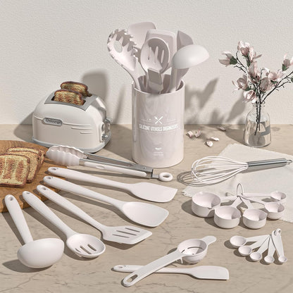 Silicone Kitchen Cooking Utensils Set, Umite Chef 22Pcs Heat Resistant Kitchen Utensils, Spatula, Spoon, Whisk, Dishwasher Safe Kitchen Utensil Gadgets Tools Set for Nonstick Cookware(Khaki)