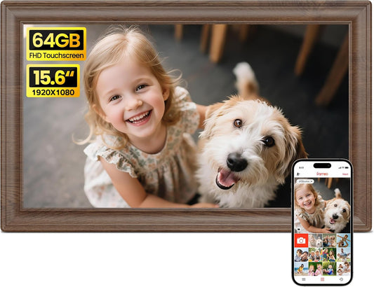 64GB 15.6" Frameo Digital Picture Frame WiFi, Large Electronic Photo Frames 1920 x 1080 IPS FHD Touch Screen, Send Photos from Your Phone from Anywhere, Best Gifts for Family and Friends Brown Wood