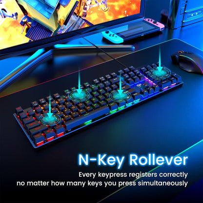 Mechanical Gaming Keyboard,RGB 104 Keys Ultra-Slim Rainbow LED Backlit USB Wired Keyboard with Blue Switches,Durable ABS Keycaps/Anti-Ghosting/Spill-Resistant Mechanical Keyboard for PC Mac Xbox Gamer
