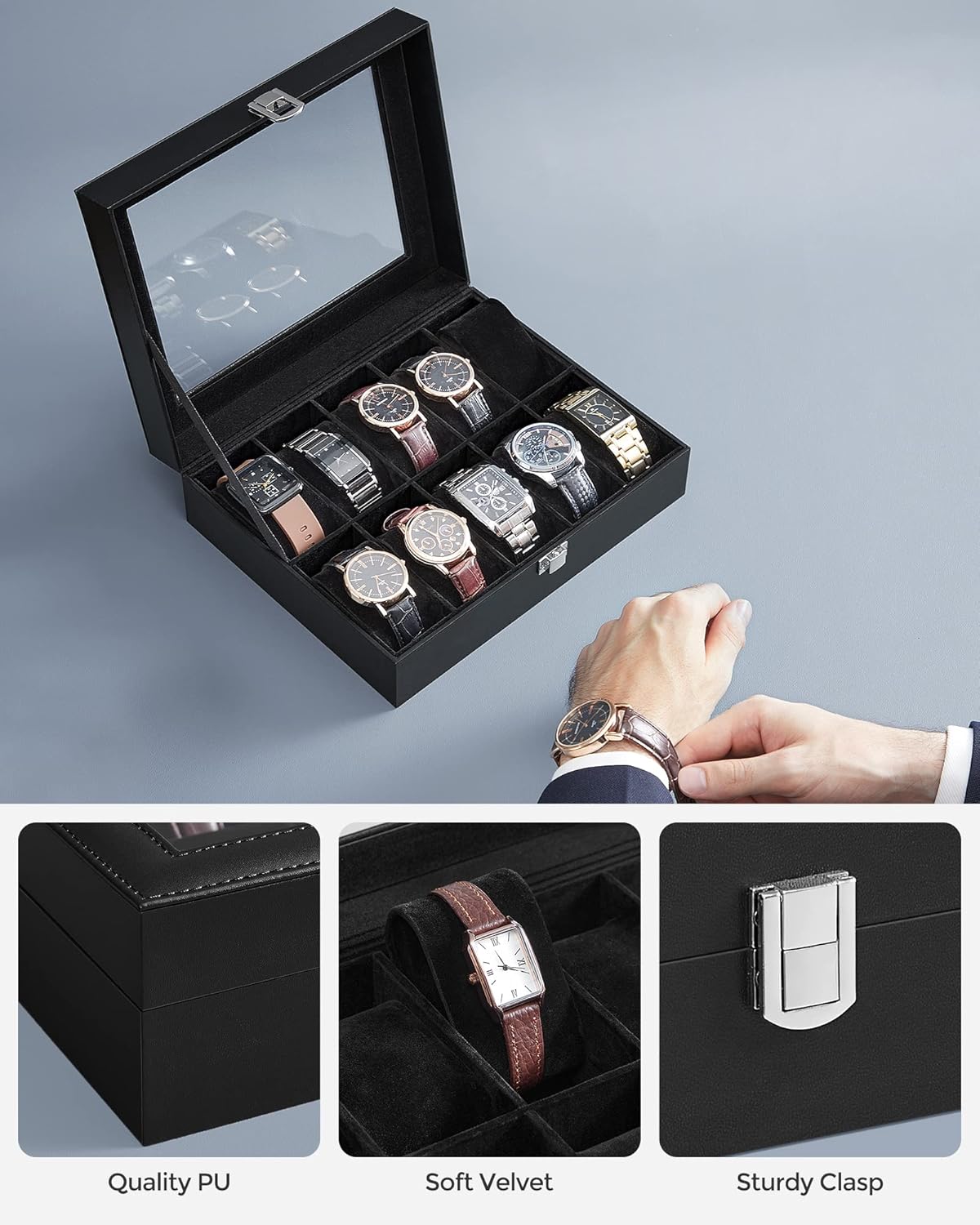SONGMICS Watch Box, 6-Slot Watch Case, Watch Box Organizer, Black Synthetic Leather, Greenish Gray Lining UJWB06BK