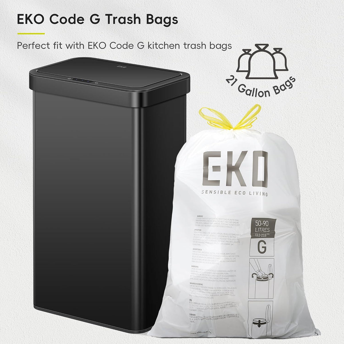 EKO Nova Sensor Trash Can, 21 Gallon/80 Liter Stainless Steel Rectangular Touchless Motion Sensor Trash Can, Matte Black