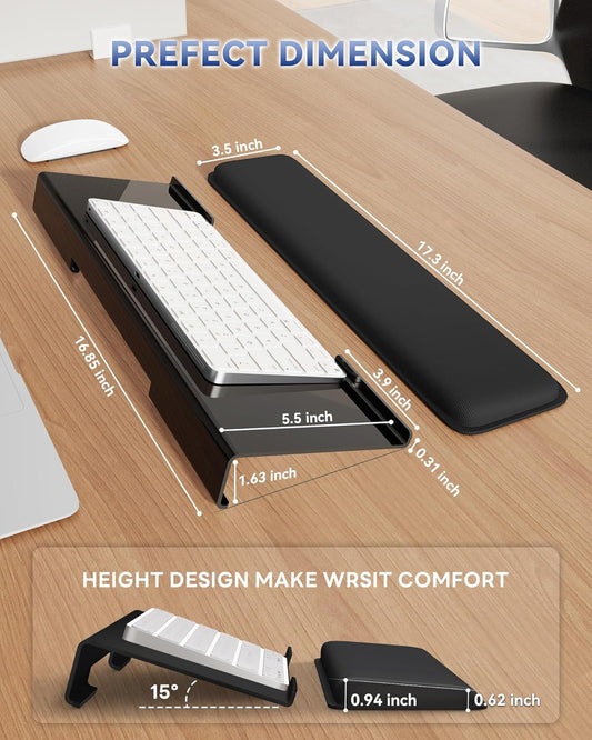 Laborio Acrylic Keyboard Stand with Memory Foam Wrist Rest – Ergonomic Non-Slip Computer Keyboard Holder for Office & Home Desk (Black + Black Wrist Pad)