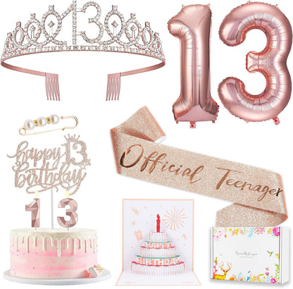 8pcs 40th Birthday Decorations gifts for Women, Including 40th Happy Birthday Cake Topper, Queen Sash with Pearl Pin, Sweet Rhinestone Tiara Crown for Women, Number Candles and Balloons (Rose Gold)