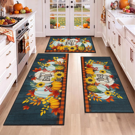 HEBE Fall Kitchen Rugs Set of 3, Washable Pumpkin Kitchen Mats for Floor Non Slip Buffalo Plaid Autumn Kitchen Runner Rug and Carpet Set, Low Profile Sunflower Floor Mats for Thanksgiving Décor