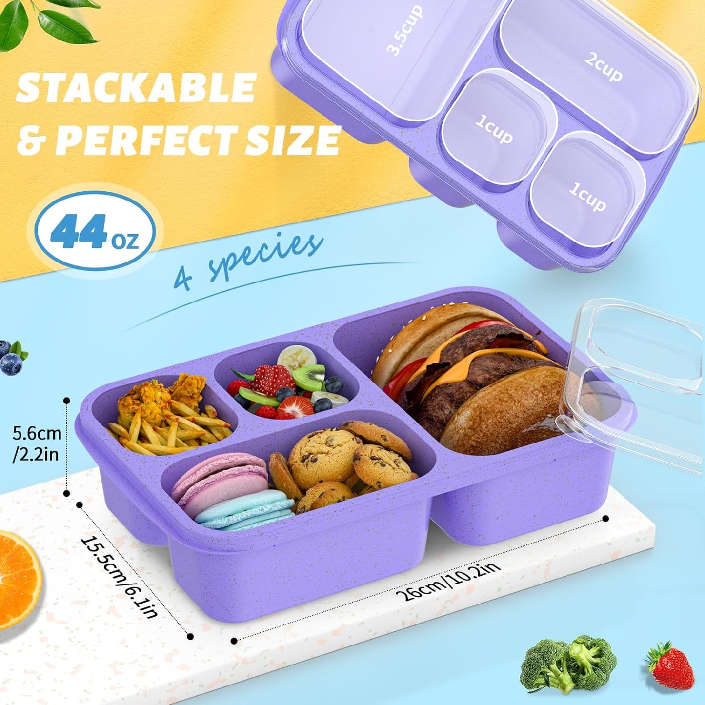 Large Capacity Bento Box for Adults, 4-Piece Set – Stackable Lunch Box with 4 Compartments, Microwave & Dishwasher Safe, Reusable Meal Prep Containers, Snack Containers for Kids & Adults (4 Colors)