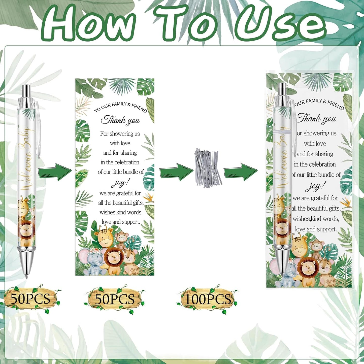 Lebsitey 50 Sets Pen Baby Shower Favors Gifts for Guests Includes 50 Rolling Paper Ballpoint Pens and 50 Greeting Thank You Bookmarks Baby Shower Party Favors (Safari)