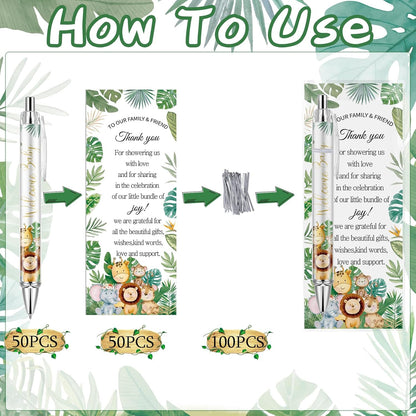 Lebsitey 50 Sets Pen Baby Shower Favors Gifts for Guests Includes 50 Rolling Paper Ballpoint Pens and 50 Greeting Thank You Bookmarks Baby Shower Party Favors (Safari)