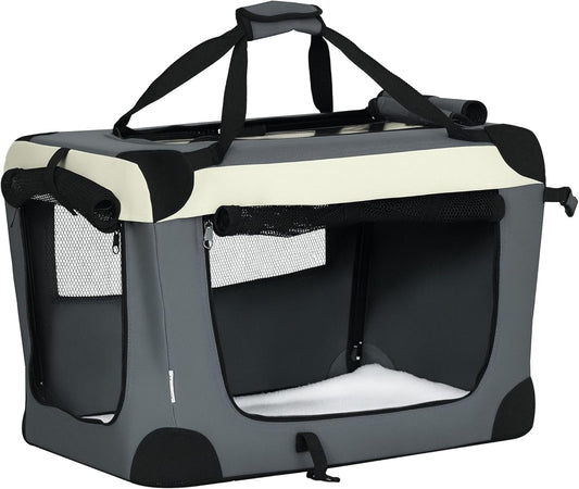 PawHut 60cm Foldable Pet Carrier Bag Soft Travel Dog Crate, Portable Cat Carrier w/Cushion, for Cats and Miniature Dogs - Grey