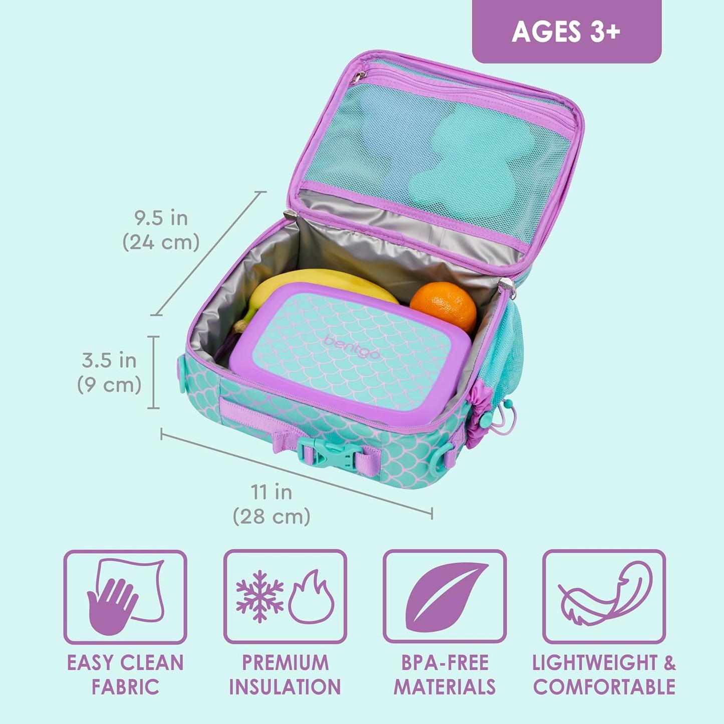 Bentgo® Kids Lunch Bag - Durable, Double Insulated, Water-Resistant Fabric, Interior & Exterior Zippered Pockets, Water Bottle Holder - Ideal for Children 3+ (Shark)