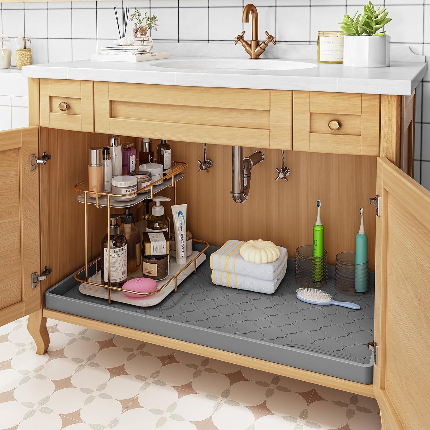 Jin&Bao Waterproof Under Sink Mat 37x19 for Kitchen and Bathroom, Thicken Kitchen Shelf Liner and Cabinet Protector, Organizer and Storage, Silicone Drip Tray, Pet Food Mat, Coffee Mat, Shoe Mat