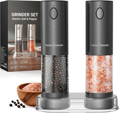 ThermoMaven Electric Salt and Pepper Grinder Set, 110ml Larger Rechargeable Automatic Salt and Pepper Mill Grinder with 6 Adjustable Coarseness, Electric Salt and Pepper Shakers, LED, 2 Packs, Silver