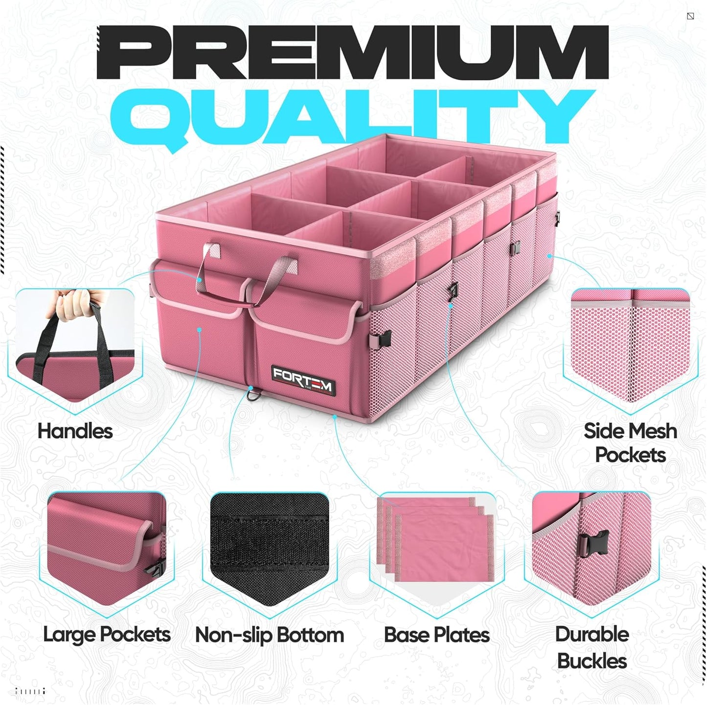 FORTEM Car Trunk Organizer, Collapsible Multi Compartment Car Organizer, Foldable SUV Storage for Car Accessories for Women Men, Non Slip Bottom, Securing Straps, Soft Cover 50L (Black, Standard)
