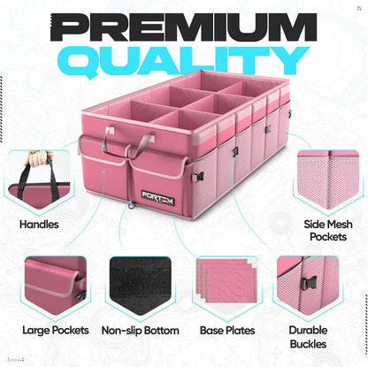 FORTEM Car Trunk Organizer, Collapsible Multi Compartment Car Organizer, Foldable SUV Storage for Car Accessories for Women Men, Non Slip Bottom, Securing Straps, Soft Cover 50L (Black, Standard)
