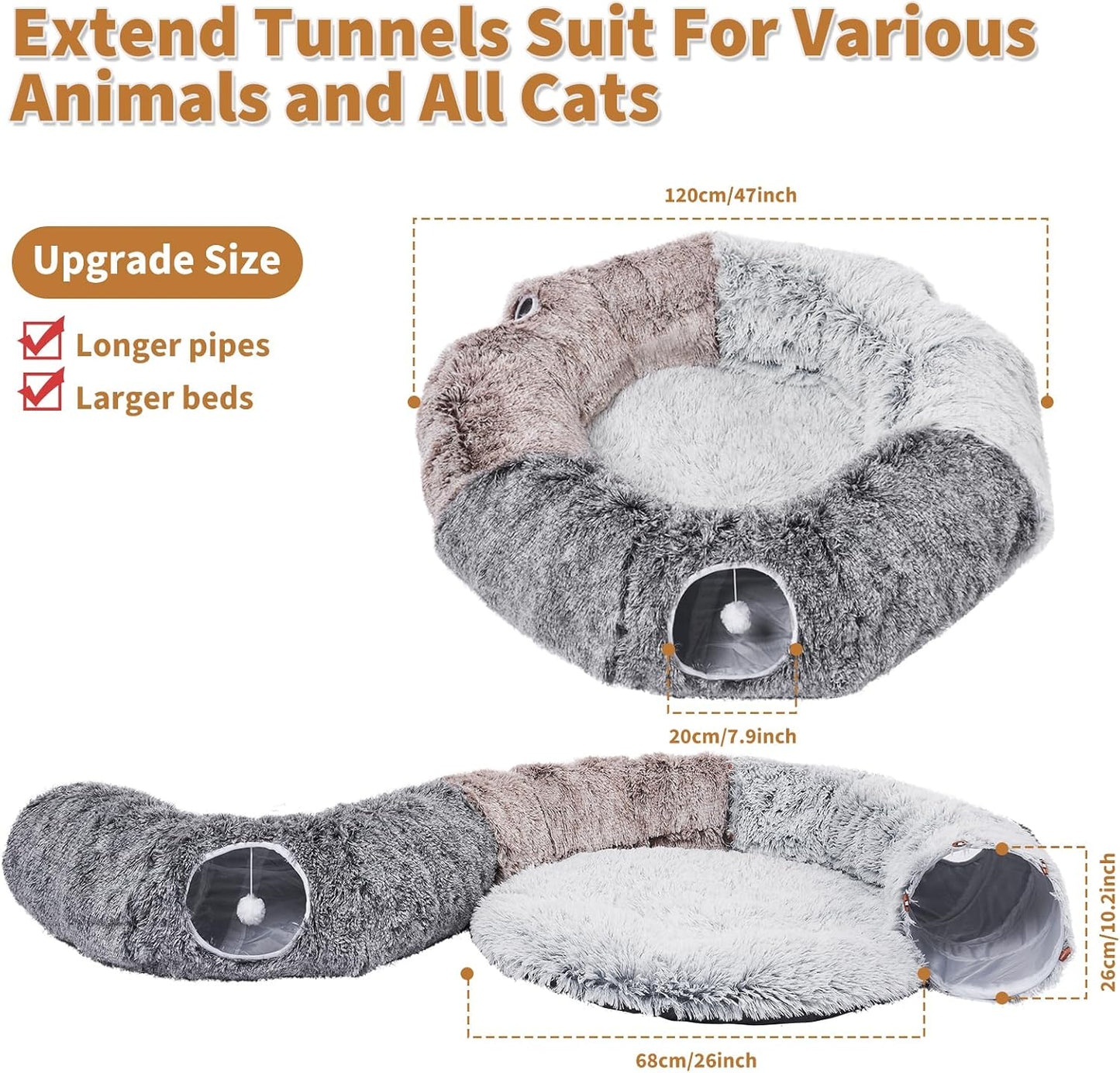 Odoland Extra Large Cat Tunnels for Indoor Cats, Fluffy Cat Bed with Toys | Collapsible Donut Cat Tube for Kittens,Small Animal Chewing Playing