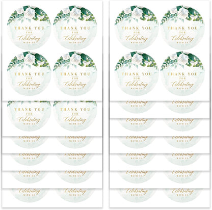 Mobiusea Creation White Floral Thank You for Celebrating with us Stickers | 2 inch | Gold Foil | 60pcs Waterproof Thank You Stickers Wedding Labels for Wedding, Bridal Shower, Baby Shower