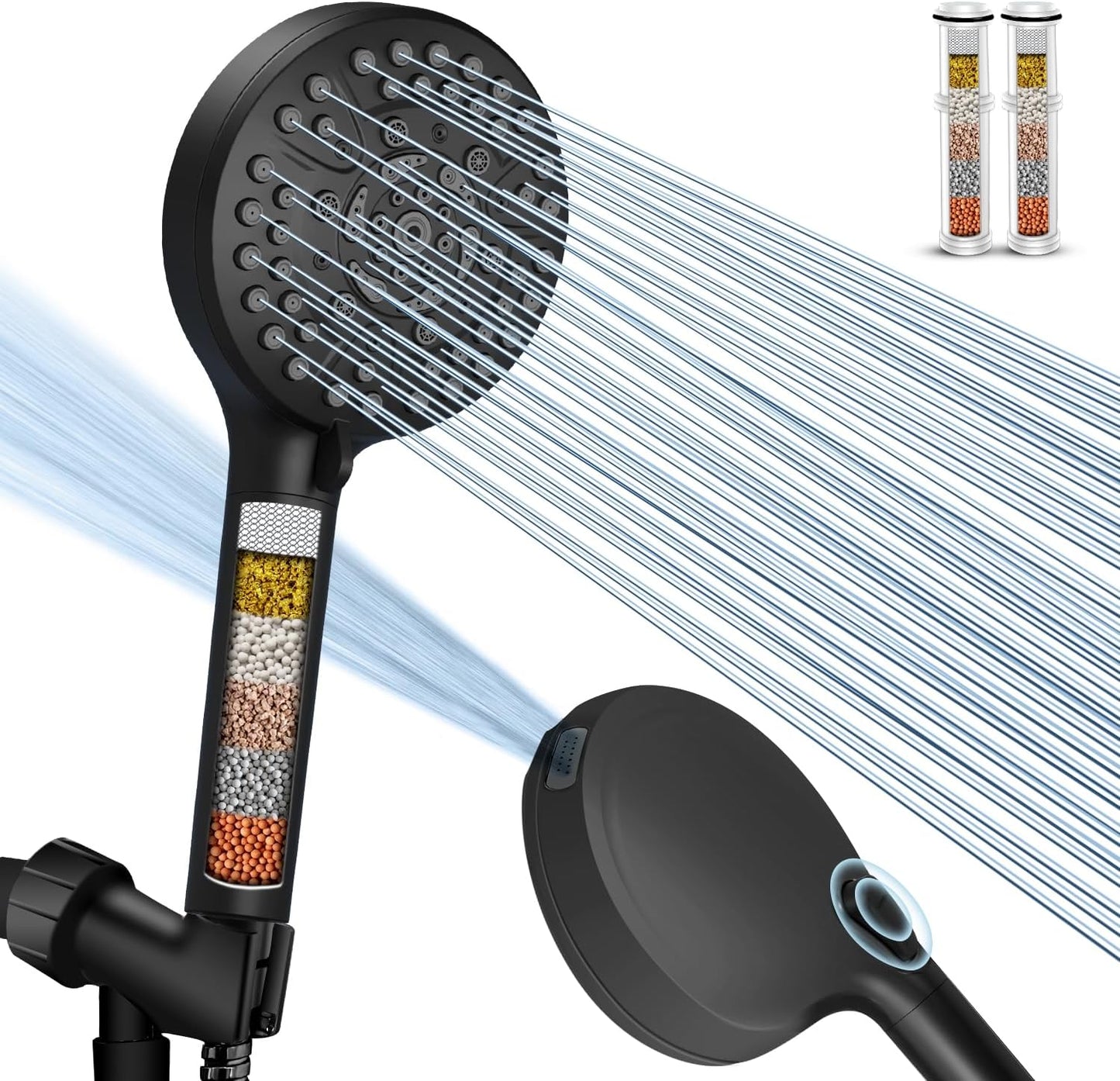 High Pressure 10-Mode Handheld Shower Head - Built in Power Wash for Clean, Replaceable Filter Soften Hard Water Remove Chlorine, 60 Inches Hose, Overhead Bracket, Anti-Clog Nozzle (Chrome)