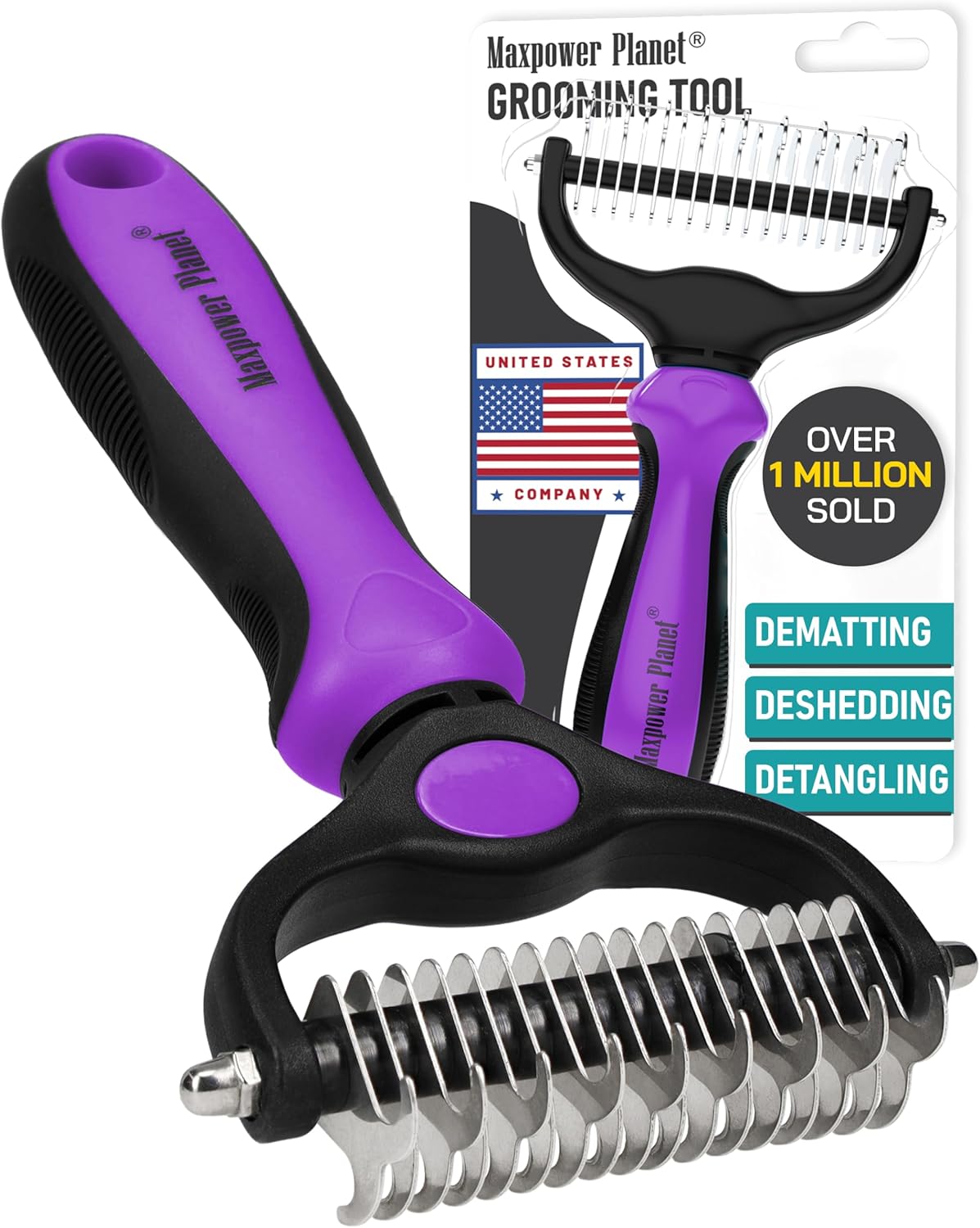 Maxpower Planet Pet Grooming Brush - Double Sided Shedding, Dematting - Undercoat Rake for Dogs - Dog Grooming Brush - Deshedding Brush for Dogs - Dog Brush, Cat Brush, Reduce Shedding by 95%, Black