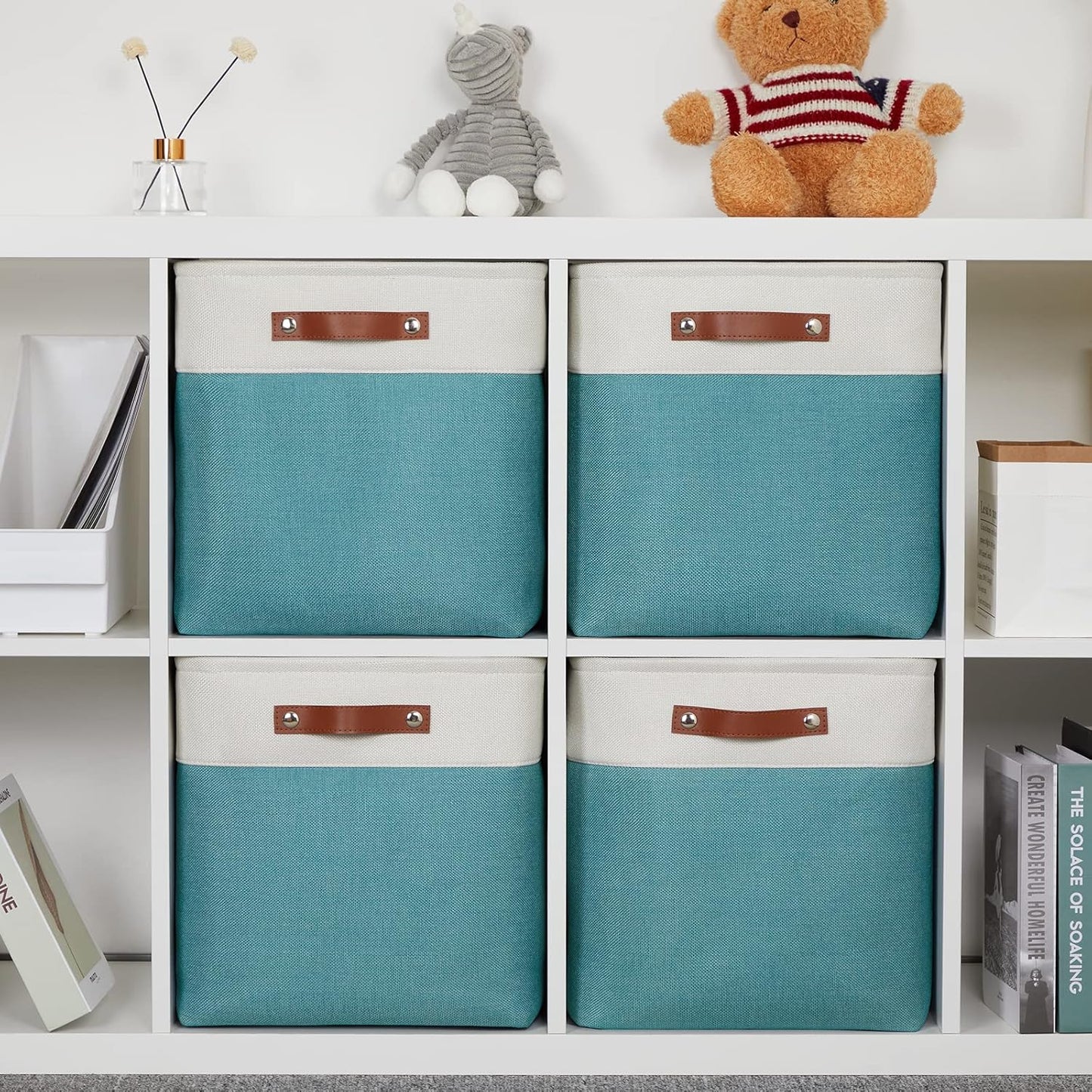 DULLEMELO Storage Baskets for Shelves, Fabric Collapsible Rectangular Storage Bins for Shelves, Closets, Nursery, Home, Office, Empty Gift Baskets (White&Teal)