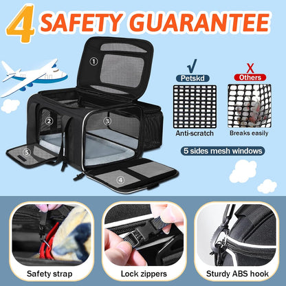 Petskd Top and Side Expandable Pet Carrier 17x12x8.5 Inches JetBlue Frontier Spirit Airline Approved, Soft-Sided Carrier for Small Cats and Dogs with Locking Safety Zipper and Anti-Scratch Mesh(Black)